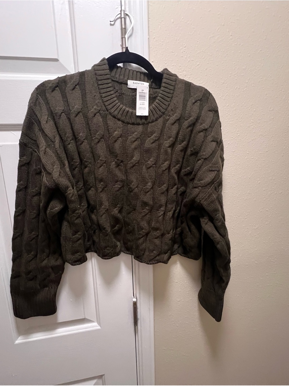 Babaton Olive Green Cable Crewneck Sweater cropped